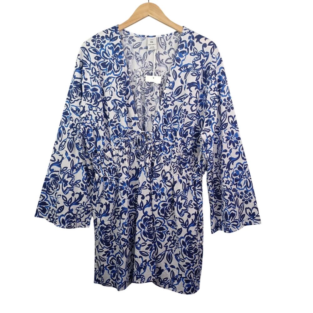 Free Assembly Women Floral Dress Cover Up XL Blue White Cotton Beach Resort